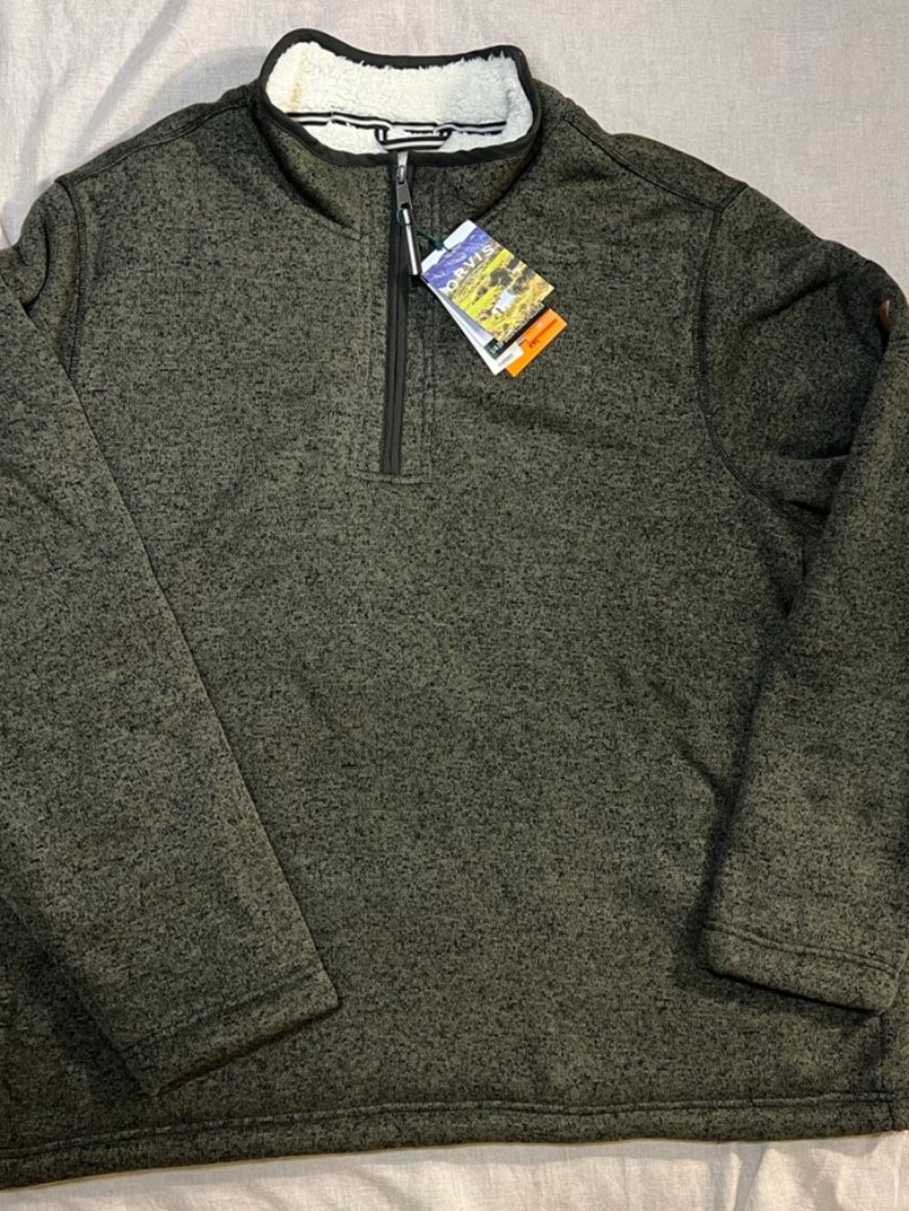 NWT Orvis Mens XXL Sherpa Lined 1/4 Zip Pullover Heather Green Fleece Outdoor